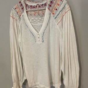 Free People Embroidered Cream Long Sleeve Blouse/Tunic